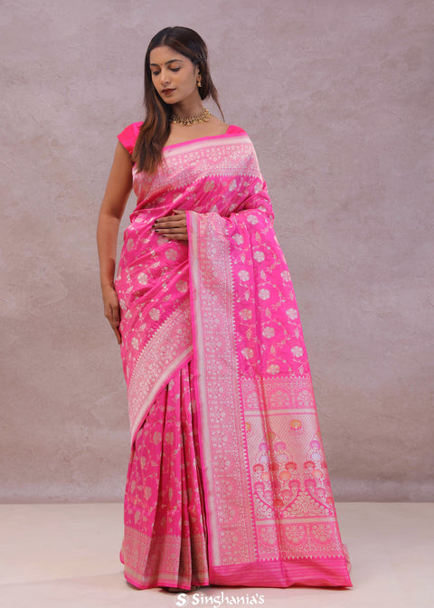 <img> Rose Pink Banarasi Silk Saree With Floral Jaal