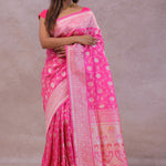 Rose Pink Banarasi Silk Saree With Floral Jaal