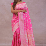 Rose Pink Banarasi Silk Saree With Floral Jaal