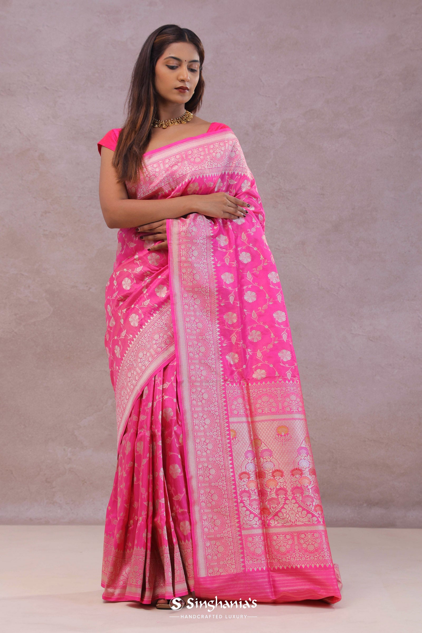 Rose Pink Banarasi Silk Saree With Floral Jaal