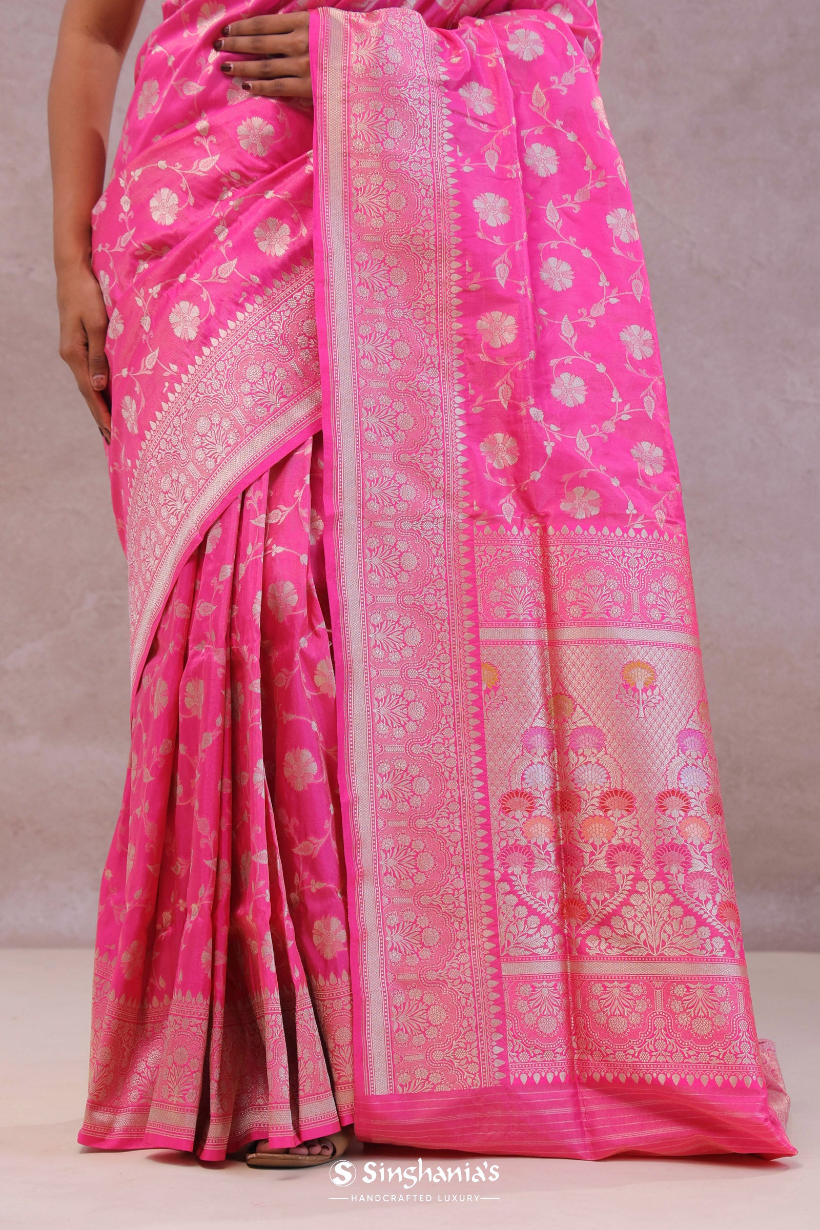 Rose Pink Banarasi Silk Saree With Floral Jaal