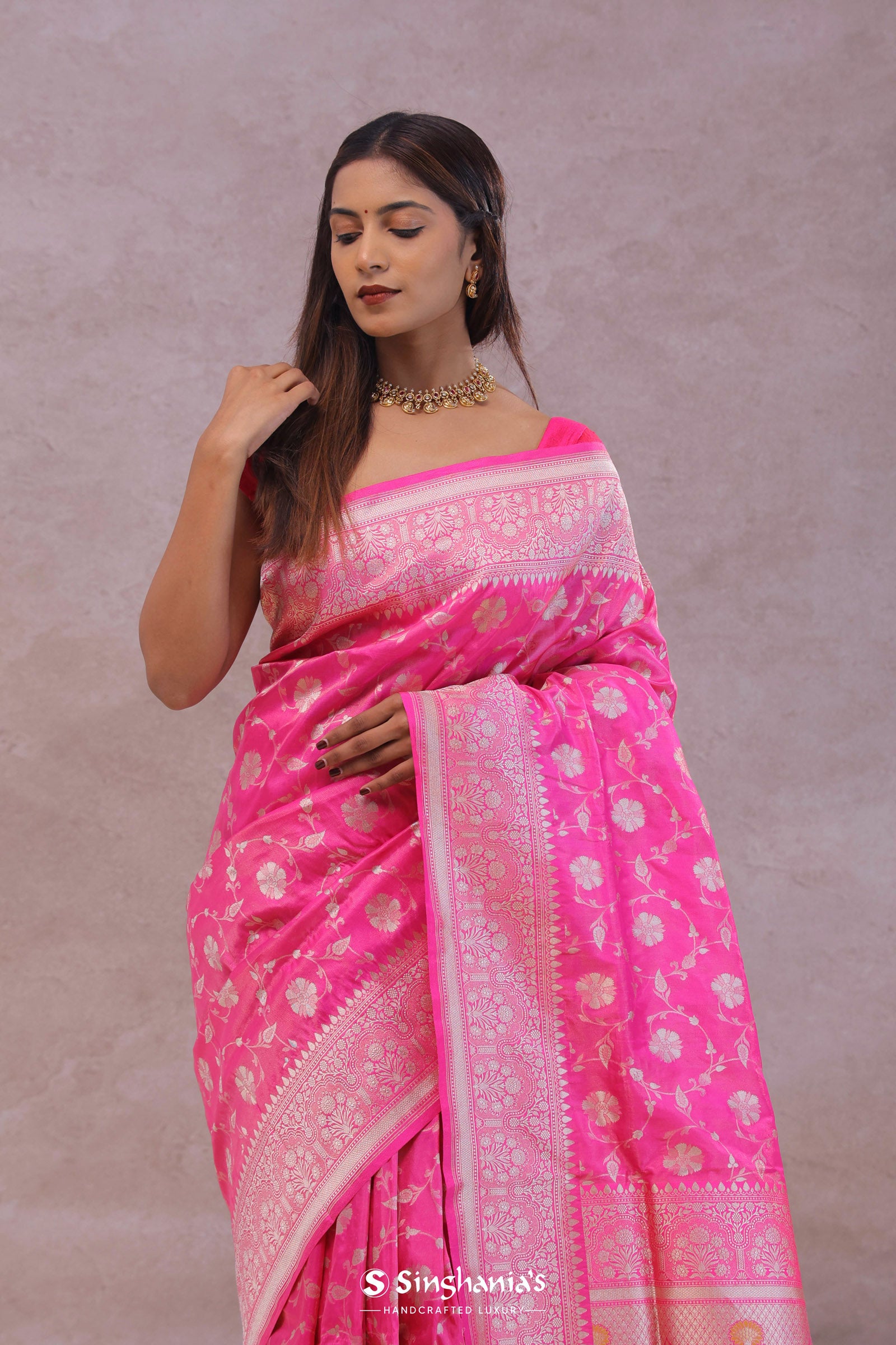 Rose Pink Banarasi Silk Saree With Floral Jaal