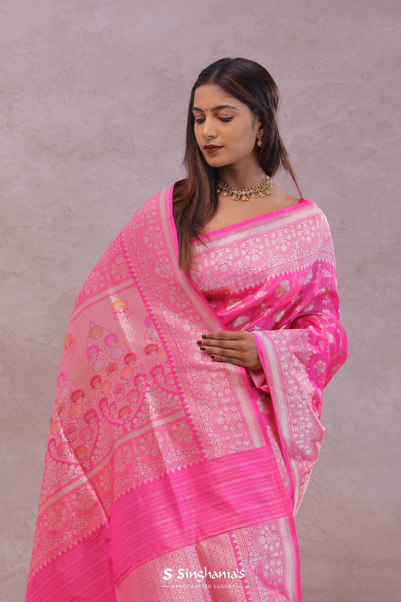 Rose Pink Banarasi Silk Saree With Floral Jaal