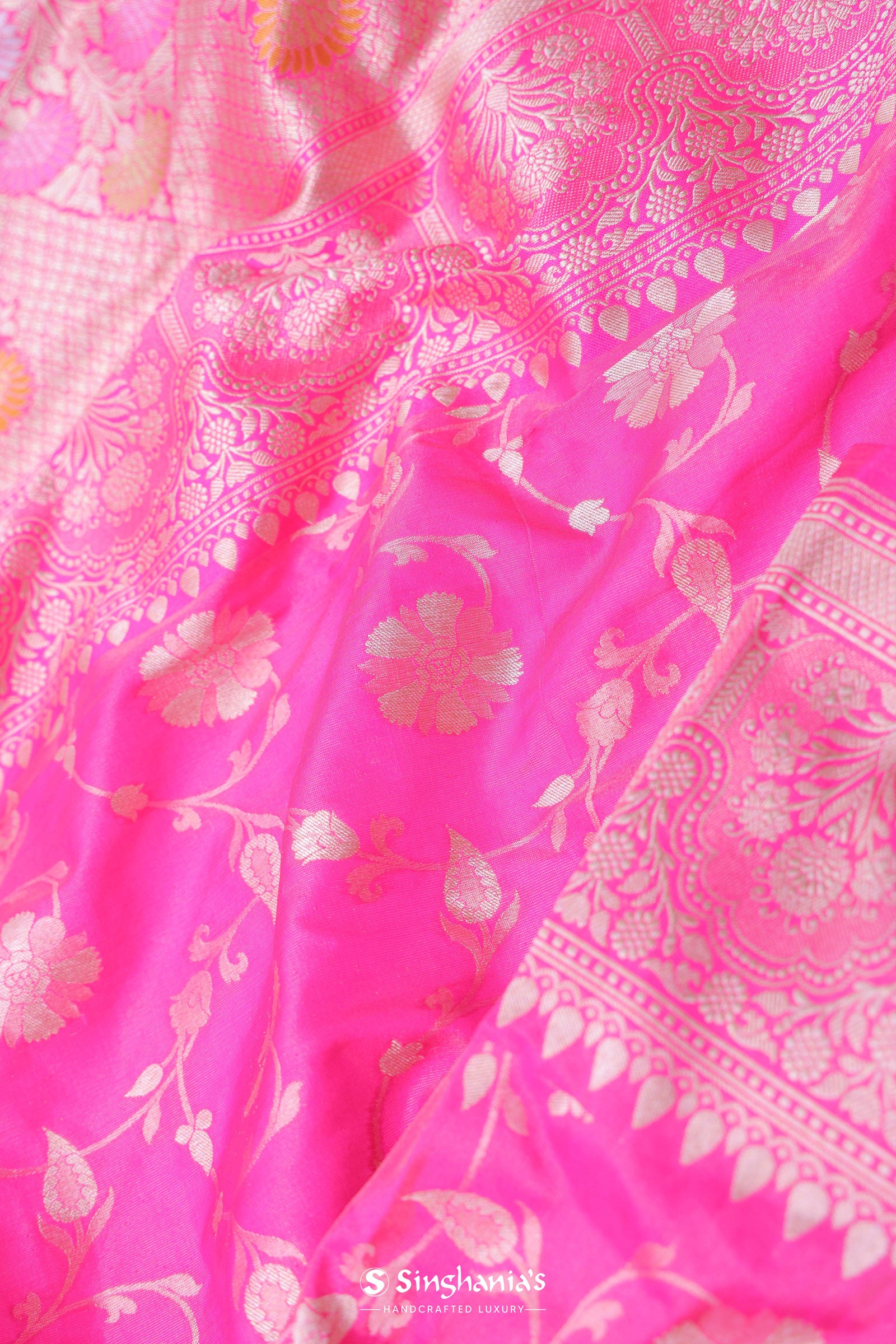 Rose Pink Banarasi Silk Saree With Floral Jaal