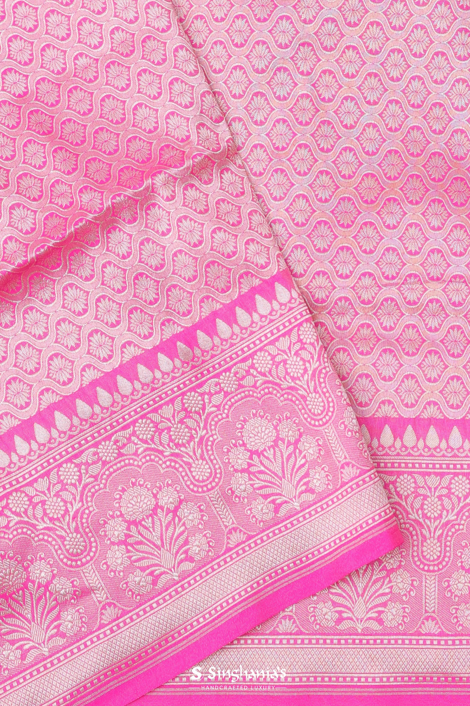 Rose Pink Banarasi Silk Saree With Floral Jaal