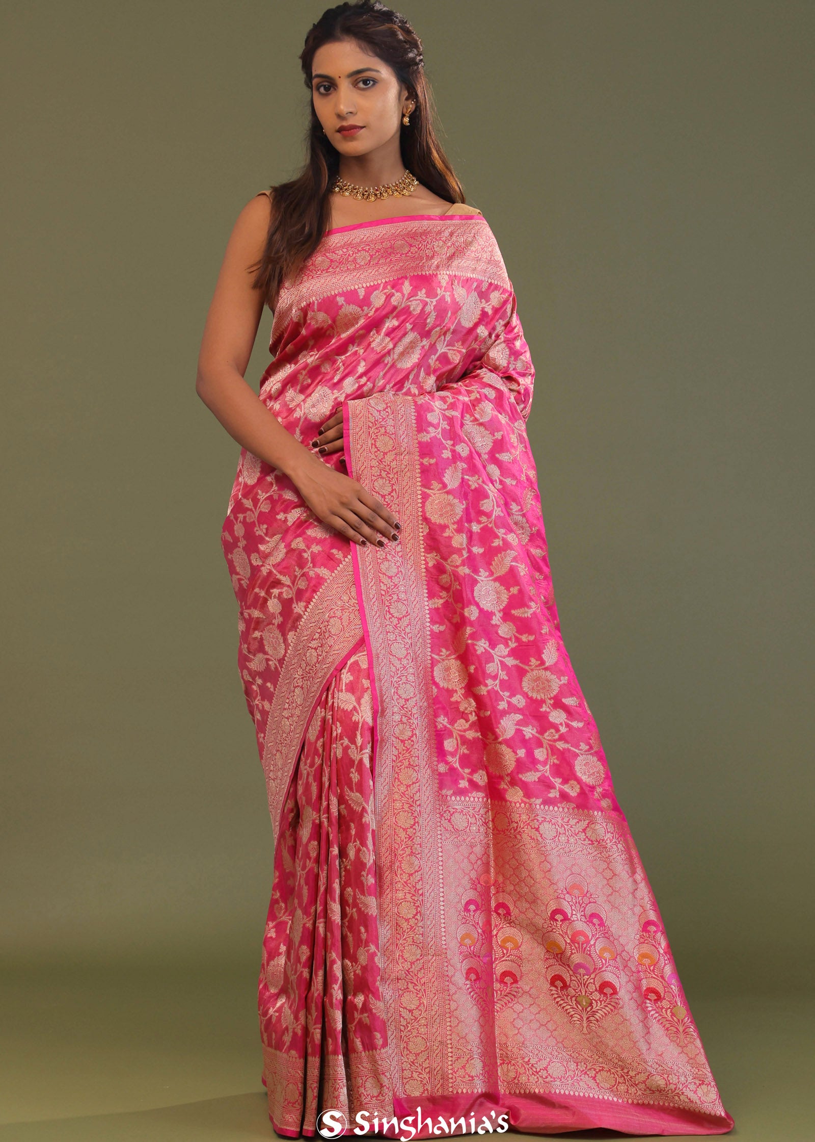 Bubblegum Pink Tissue Banarasi Saree With Jaal Design