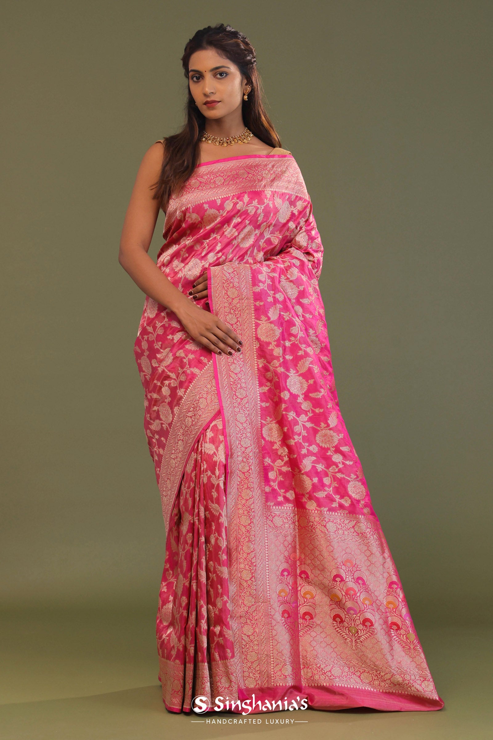 Bubblegum Pink Tissue Banarasi Saree With Jaal Design