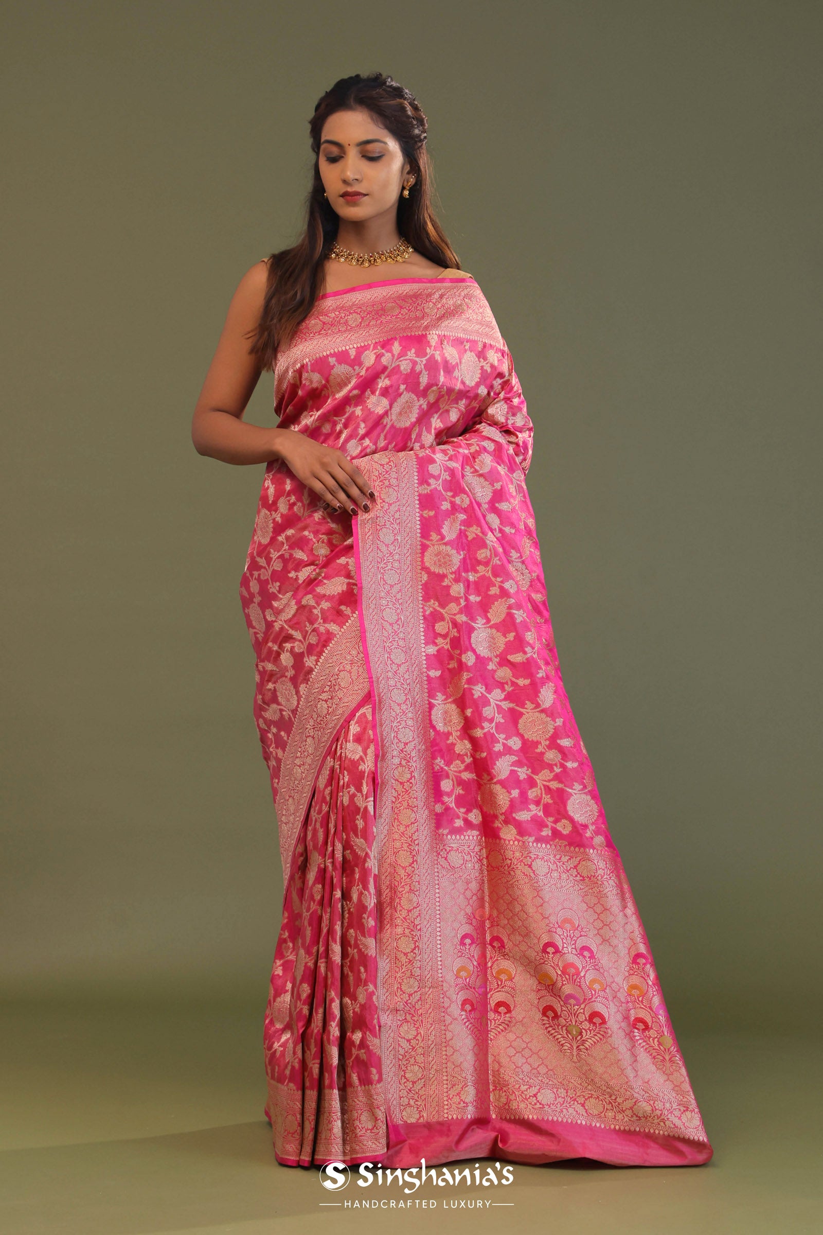Bubblegum Pink Tissue Banarasi Saree With Jaal Design
