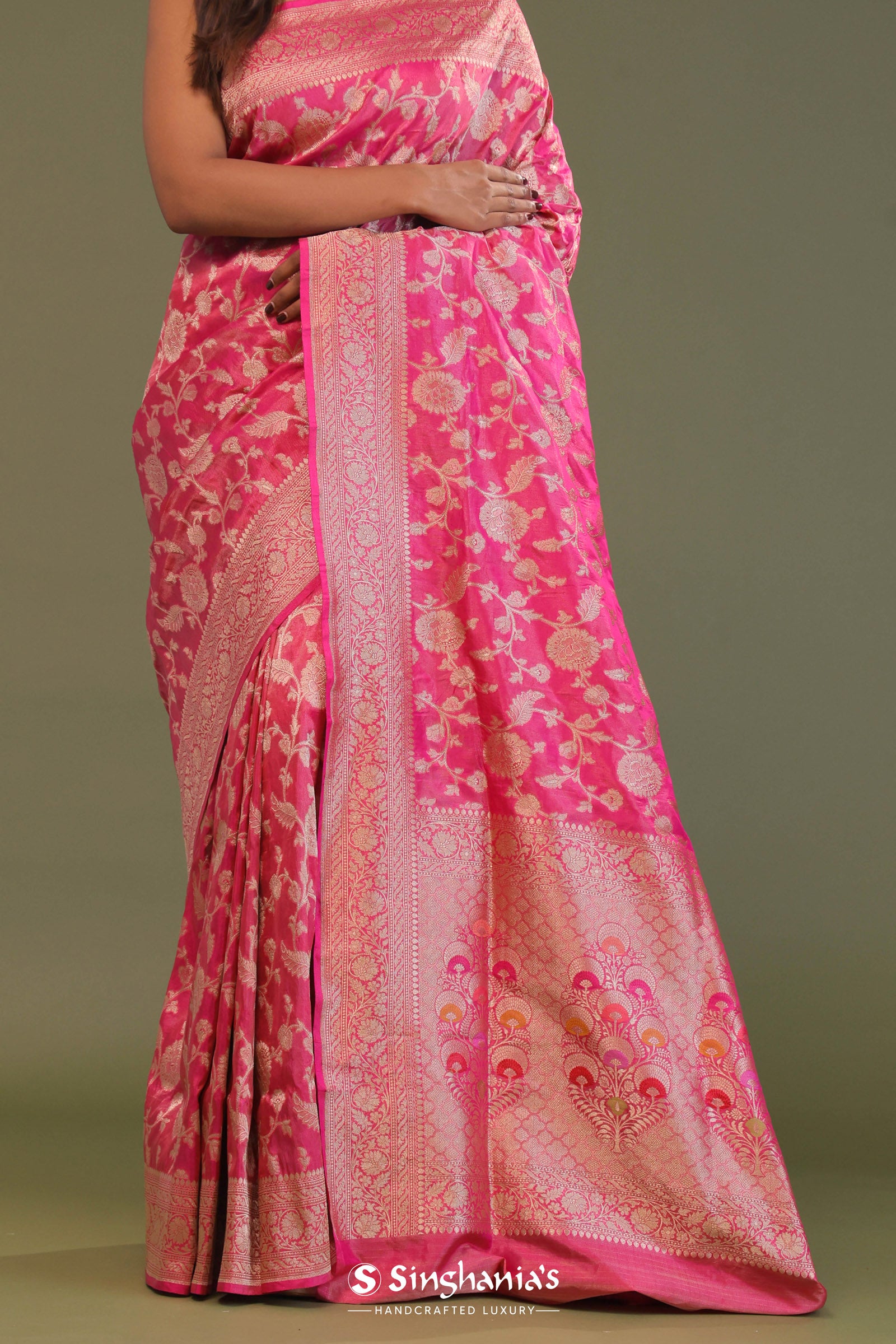 Bubblegum Pink Tissue Banarasi Saree With Jaal Design