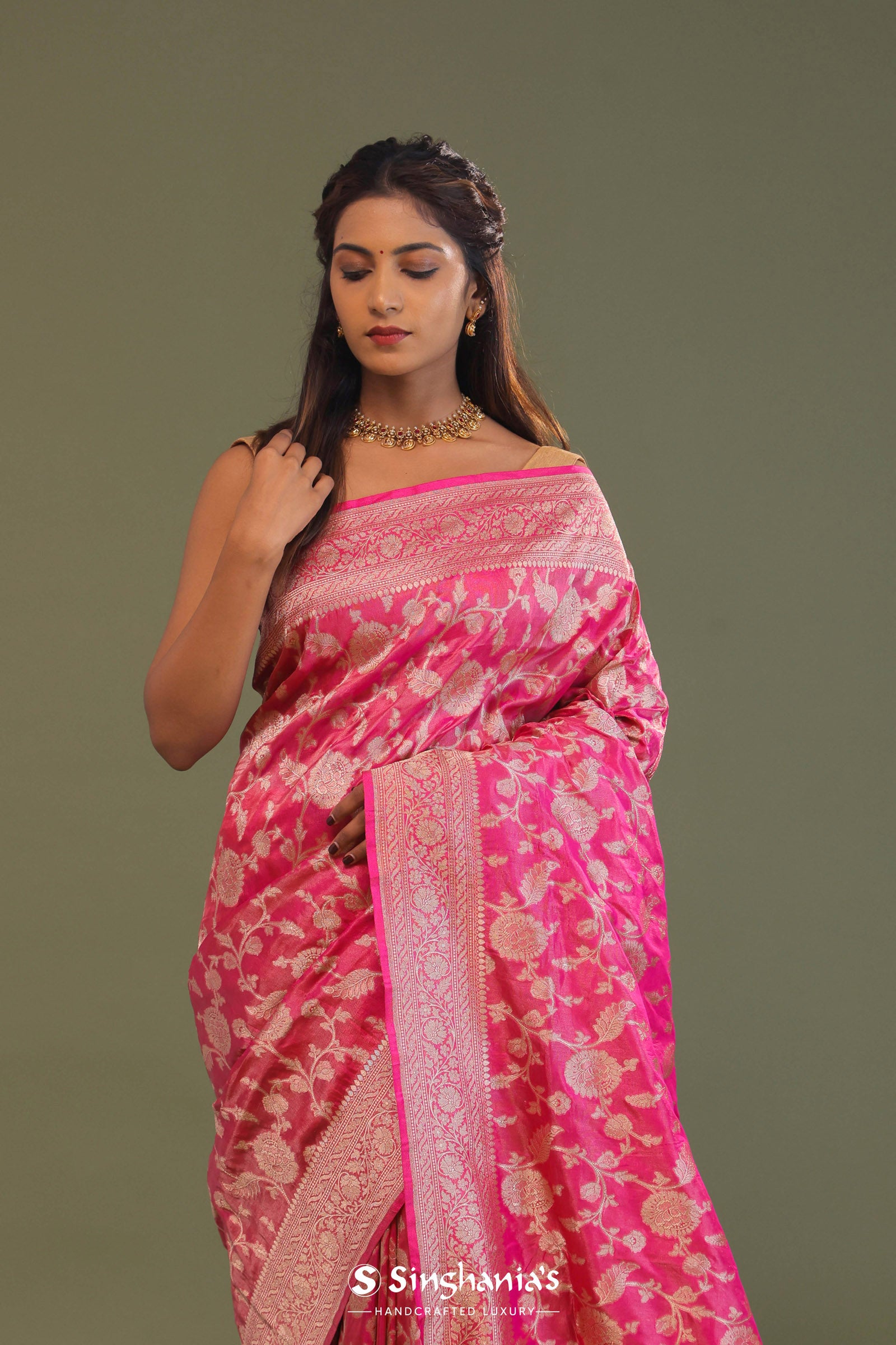Bubblegum Pink Tissue Banarasi Saree With Jaal Design