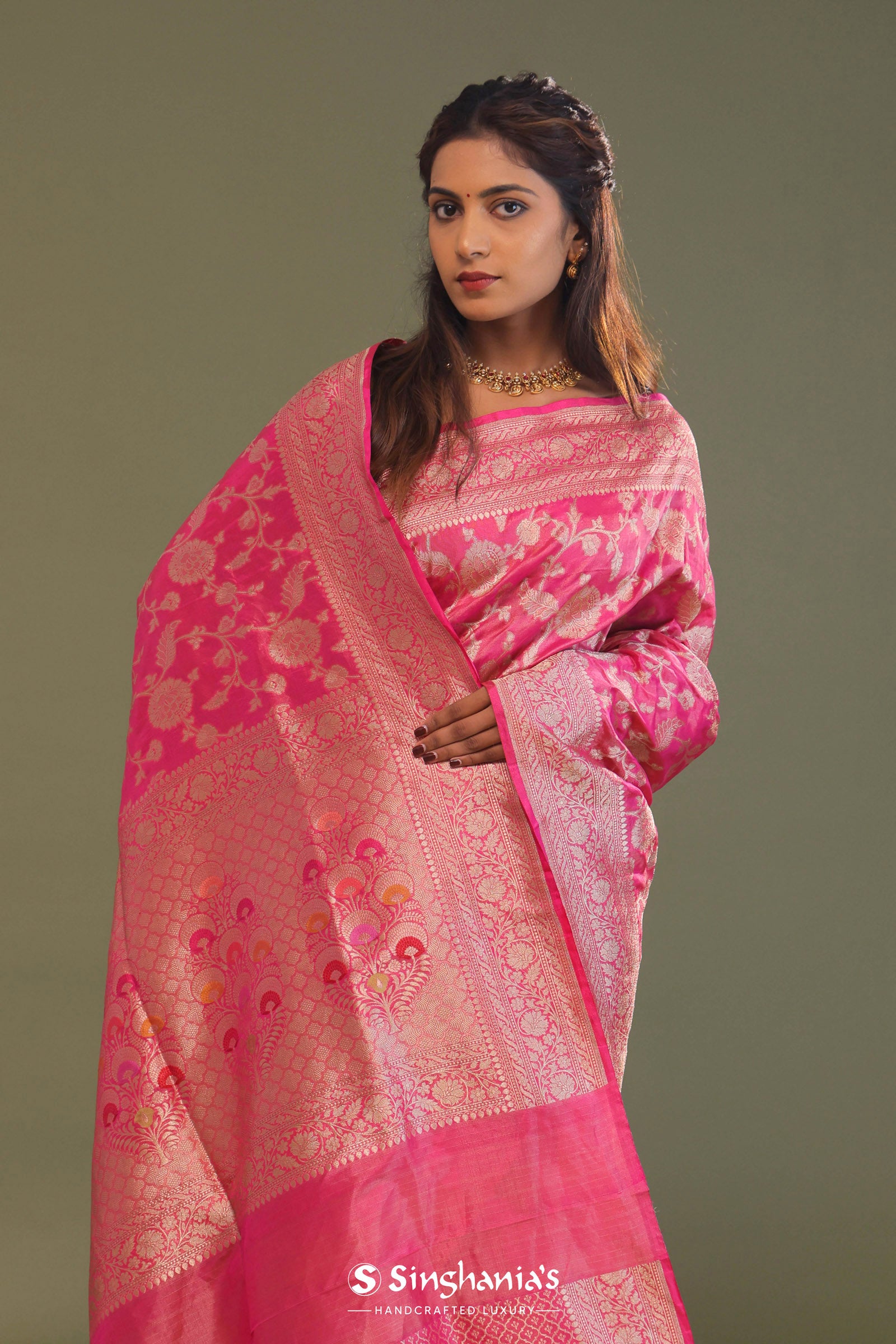 Bubblegum Pink Tissue Banarasi Saree With Jaal Design