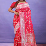 Red Banarasi Silk Saree With Self Weaving And Jaal Design