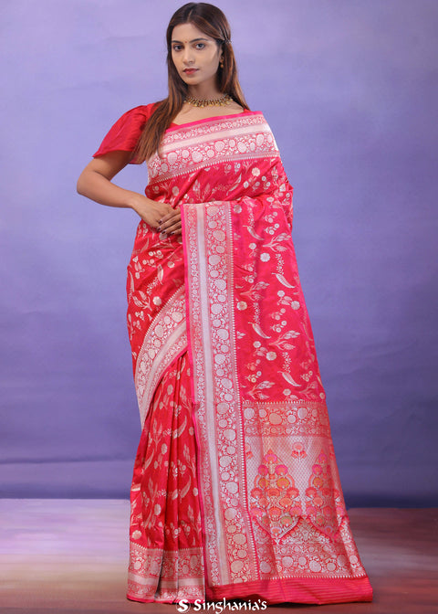 <img> Red Banarasi Silk Saree With Self Weaving And Jaal Design