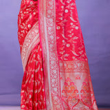 Red Banarasi Silk Saree With Self Weaving And Jaal Design