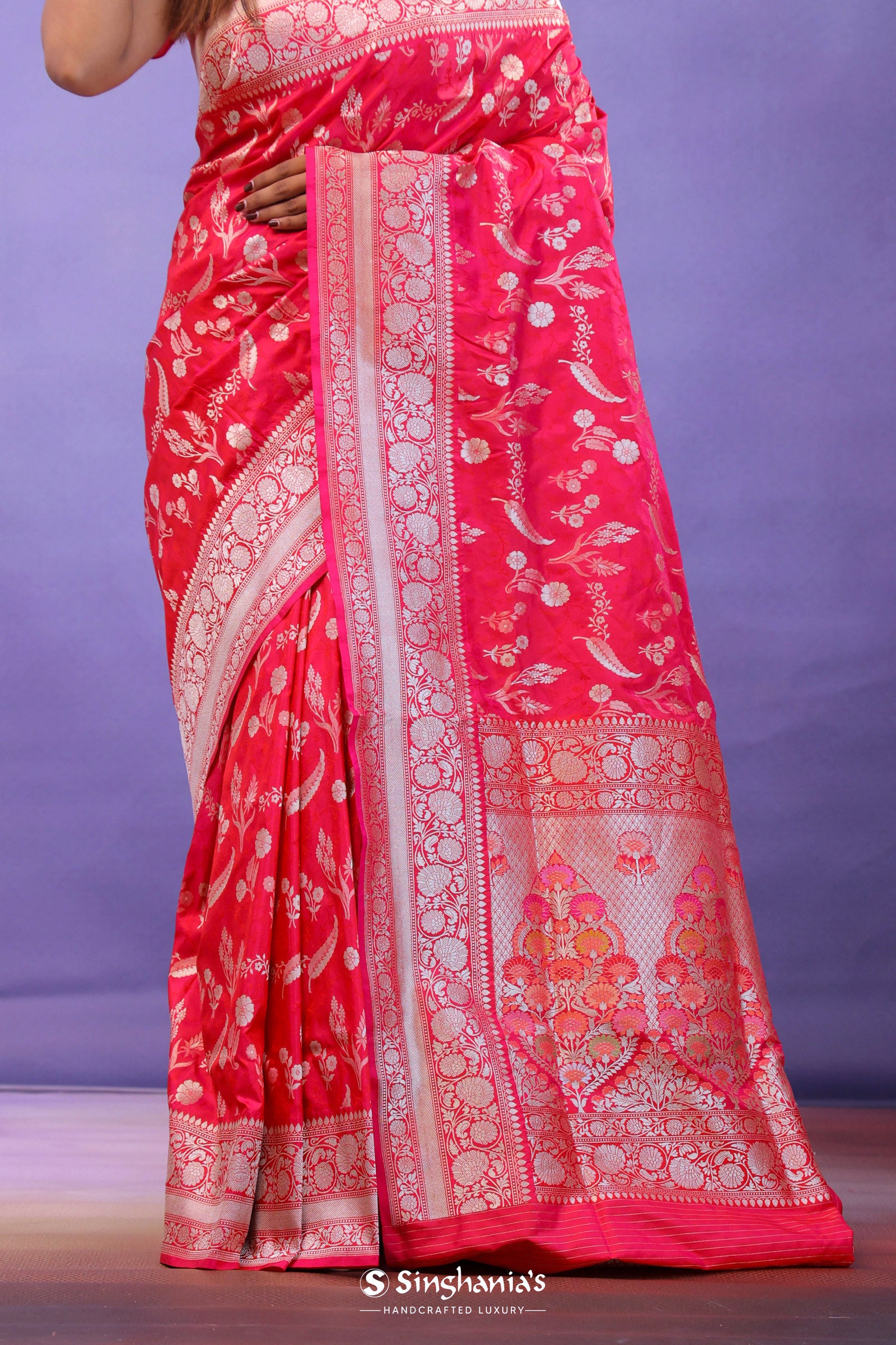 Red Banarasi Silk Saree With Self Weaving And Jaal Design