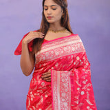 Red Banarasi Silk Saree With Self Weaving And Jaal Design