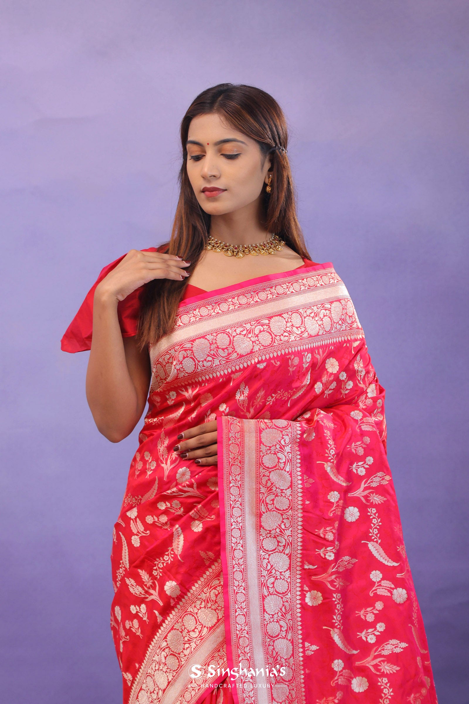 Red Banarasi Silk Saree With Self Weaving And Jaal Design