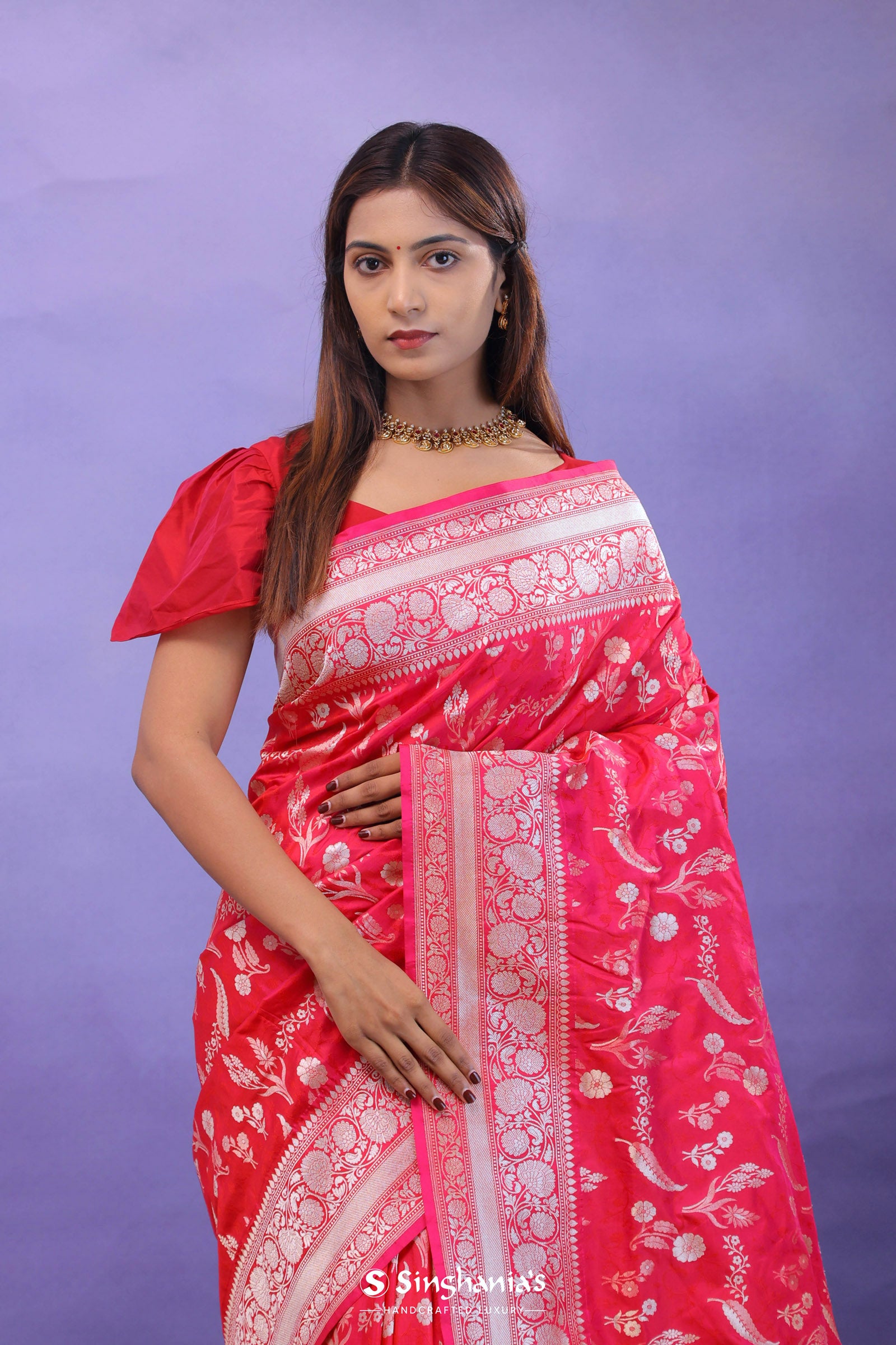 Red Banarasi Silk Saree With Self Weaving And Jaal Design