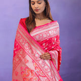 Red Banarasi Silk Saree With Self Weaving And Jaal Design
