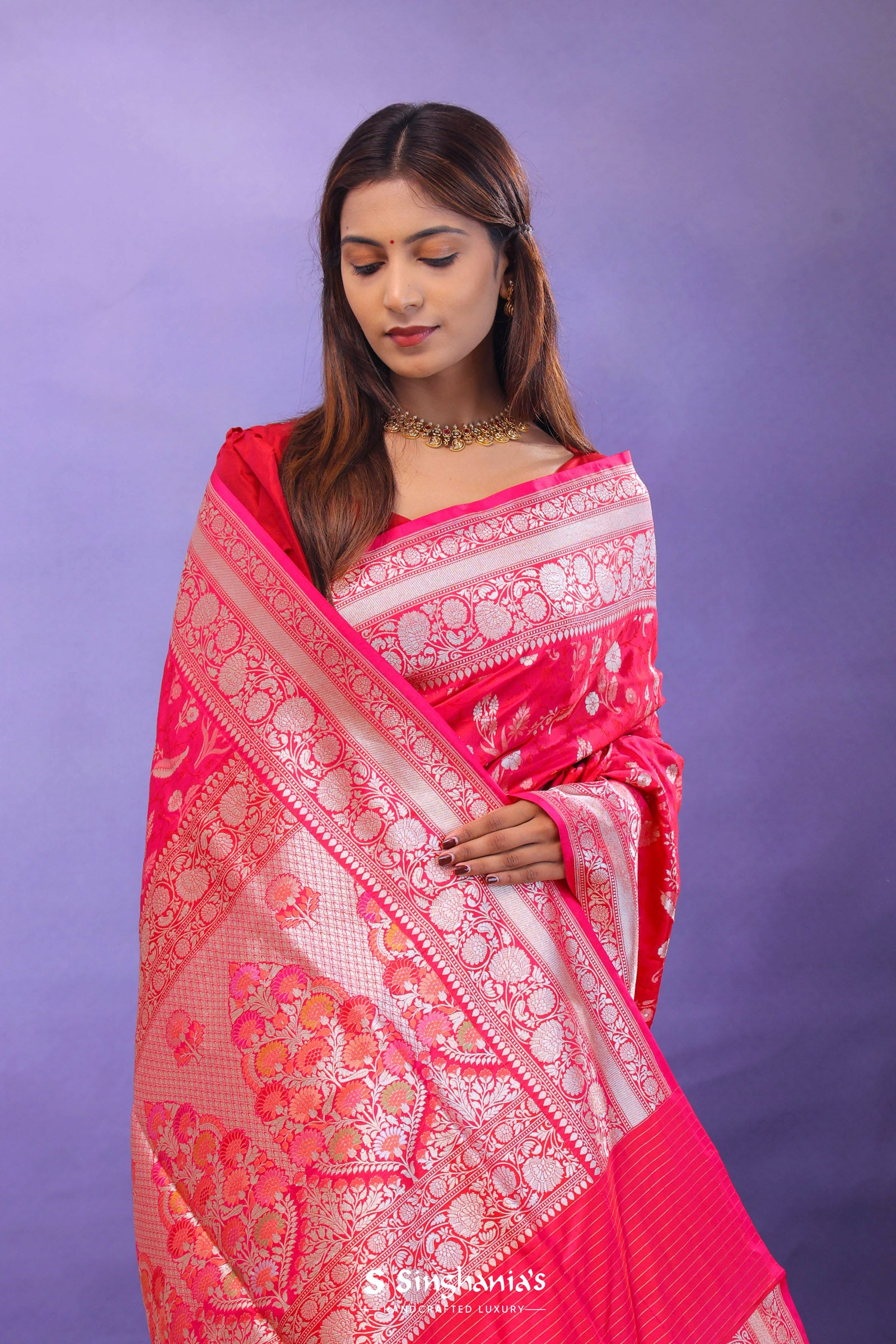 Red Banarasi Silk Saree With Self Weaving And Jaal Design