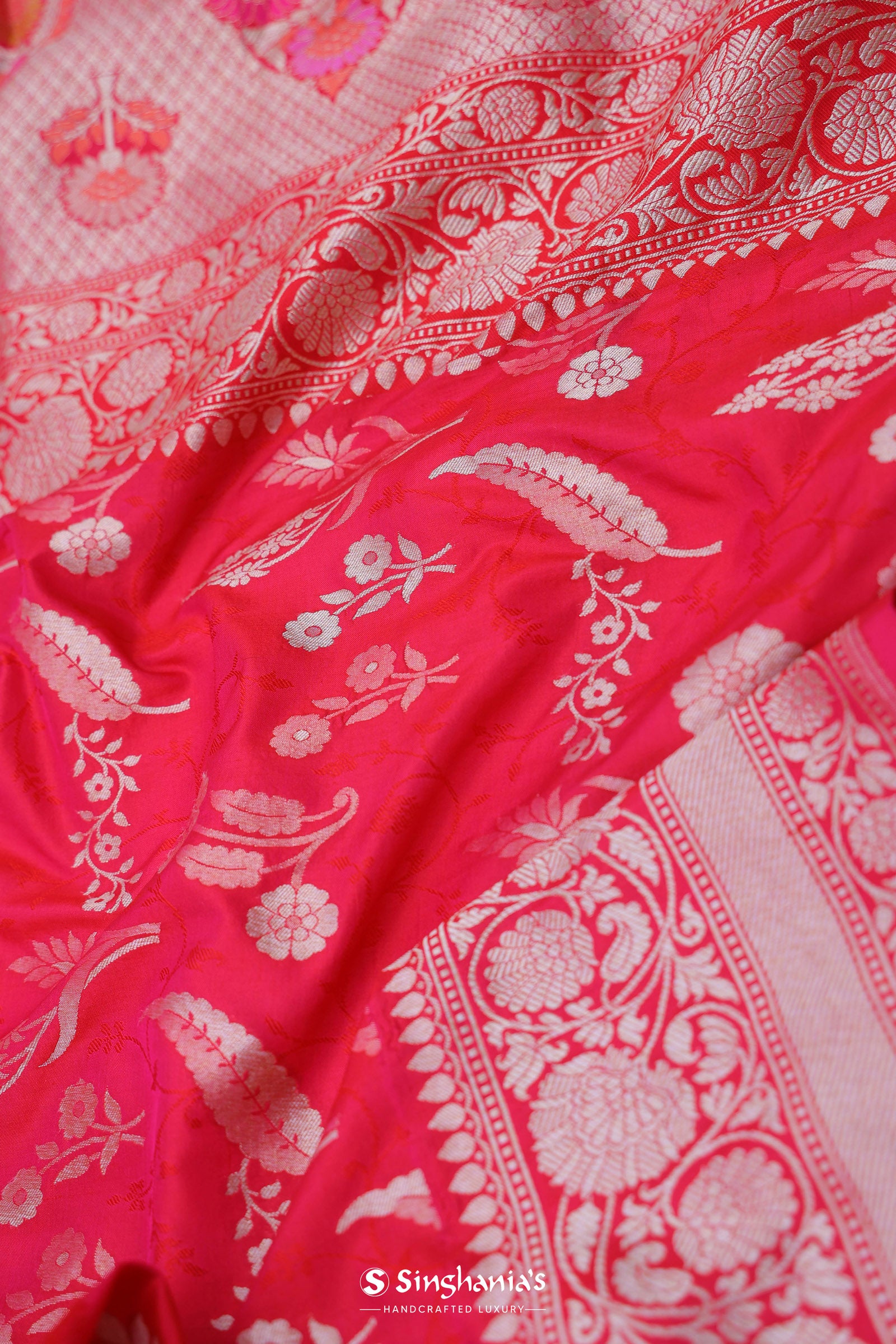 Red Banarasi Silk Saree With Self Weaving And Jaal Design