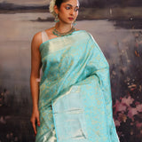 Cyan Blue Kanjivaram Silk Saree With Florals
