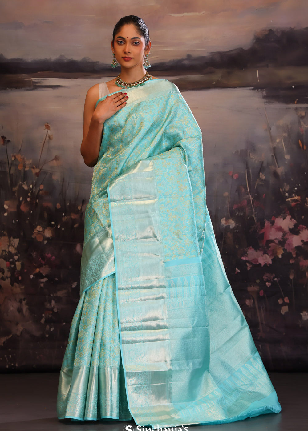 Cyan Blue Kanjivaram Silk Saree With Florals