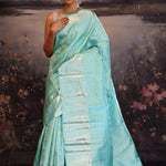 Cyan Blue Kanjivaram Silk Saree With Florals