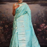 Cyan Blue Kanjivaram Silk Saree With Florals