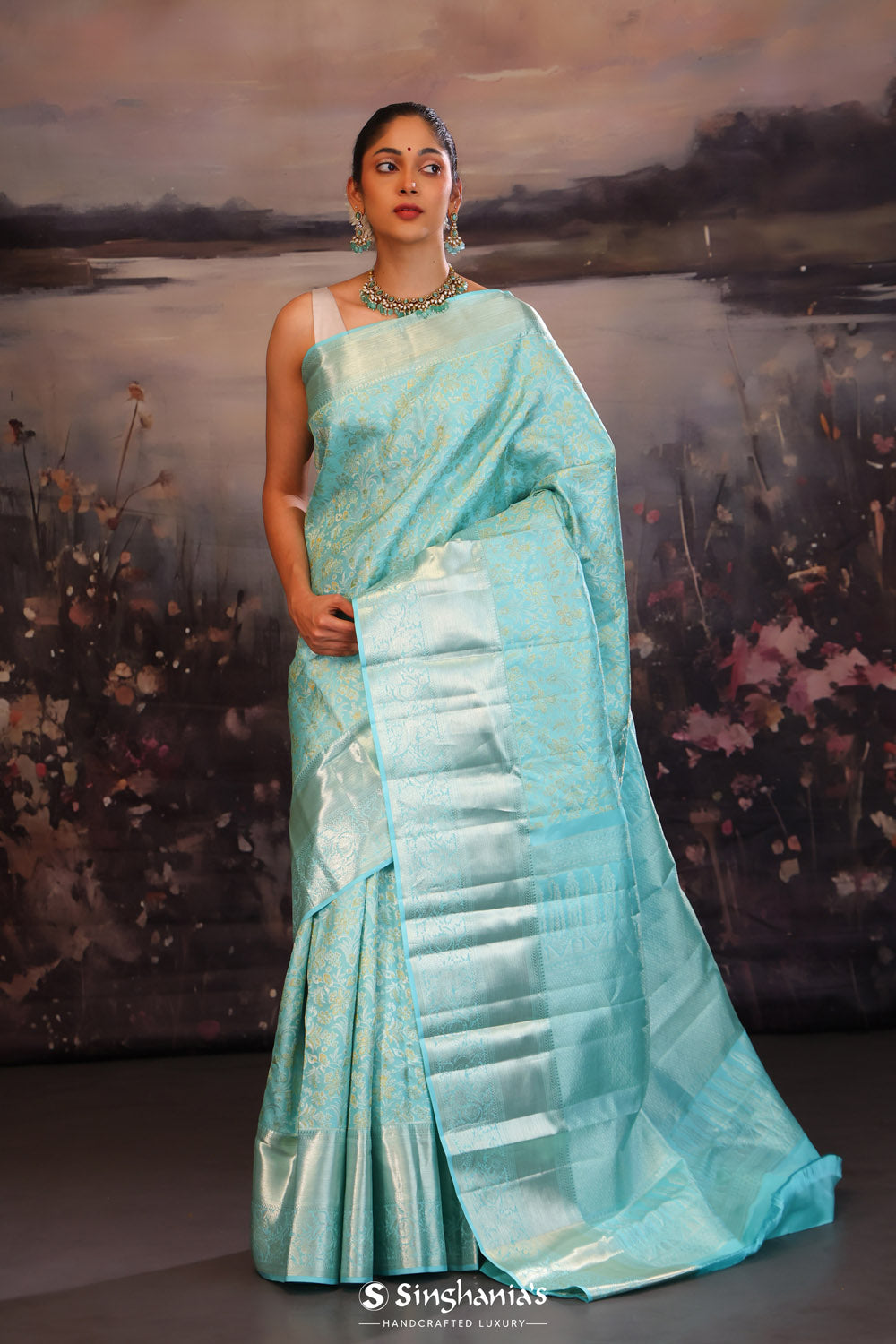 Cyan Blue Kanjivaram Silk Saree With Florals