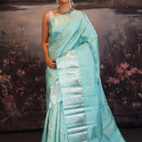 Cyan Blue Kanjivaram Silk Saree With Florals