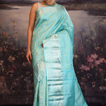 Cyan Blue Kanjivaram Silk Saree With Florals