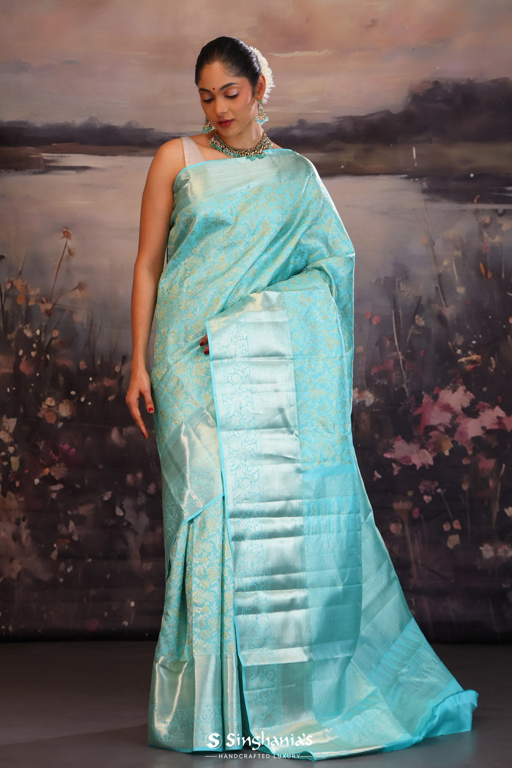 Cyan Blue Kanjivaram Silk Saree With Florals