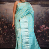 Cyan Blue Kanjivaram Silk Saree With Florals