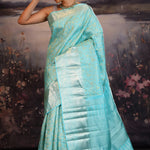 Cyan Blue Kanjivaram Silk Saree With Florals