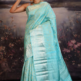 Cyan Blue Kanjivaram Silk Saree With Florals