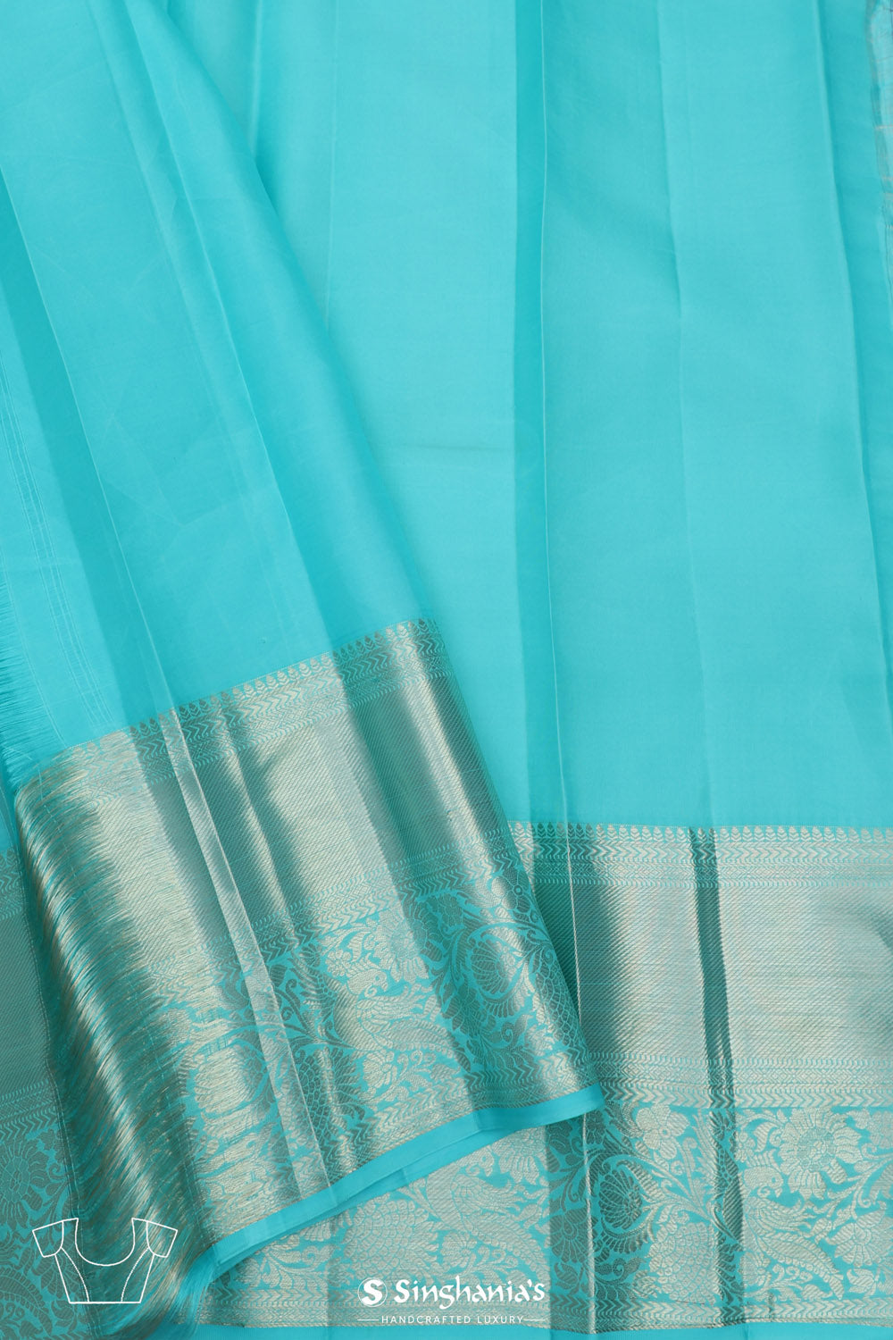 Cyan Blue Kanjivaram Silk Saree With Florals