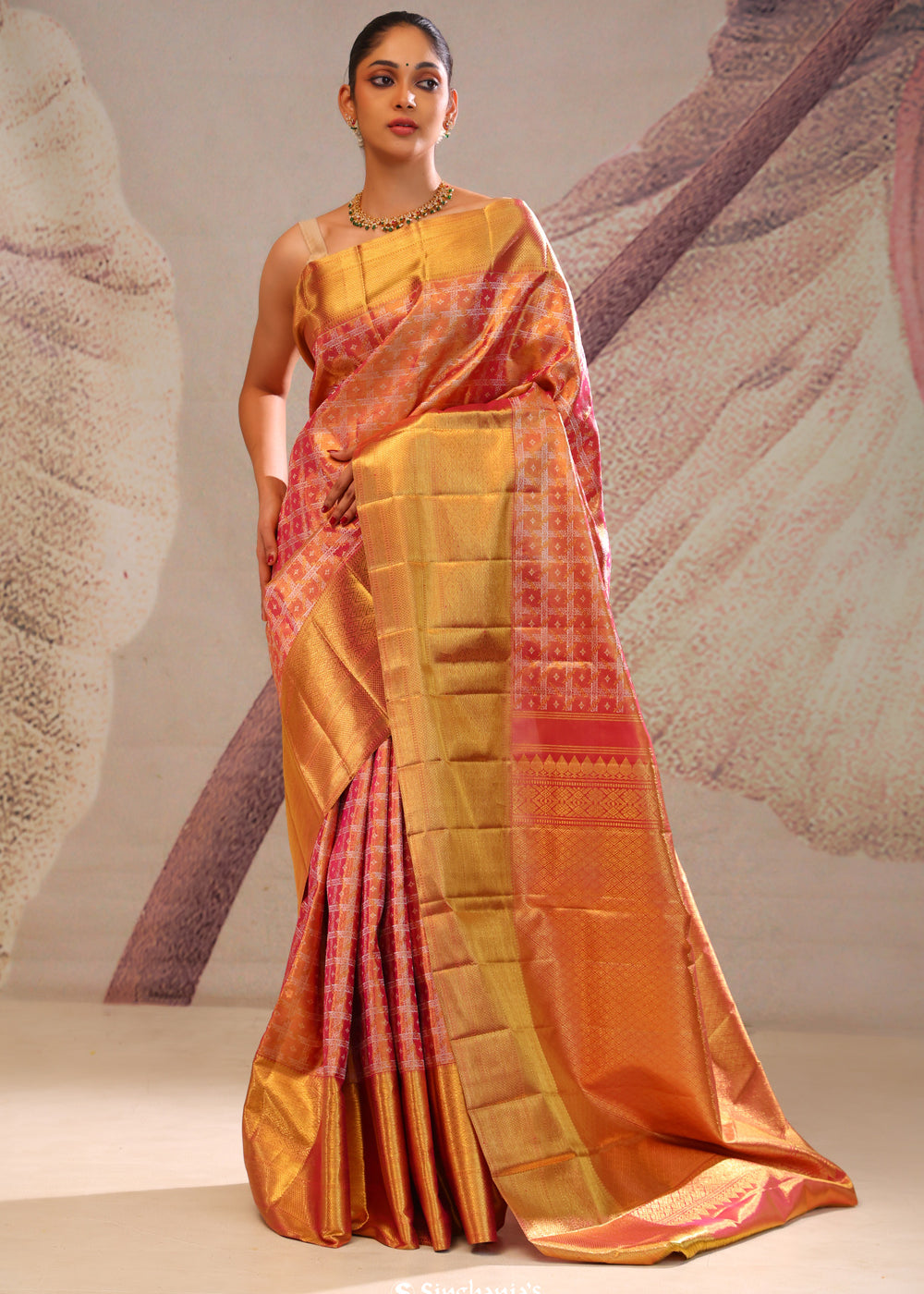 Peachy Pink Jaali Kanjivaram Silk Saree