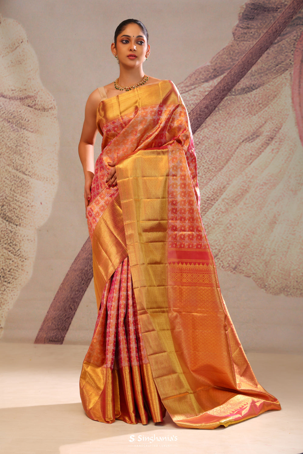 Peachy Pink Jaali Kanjivaram Silk Saree
