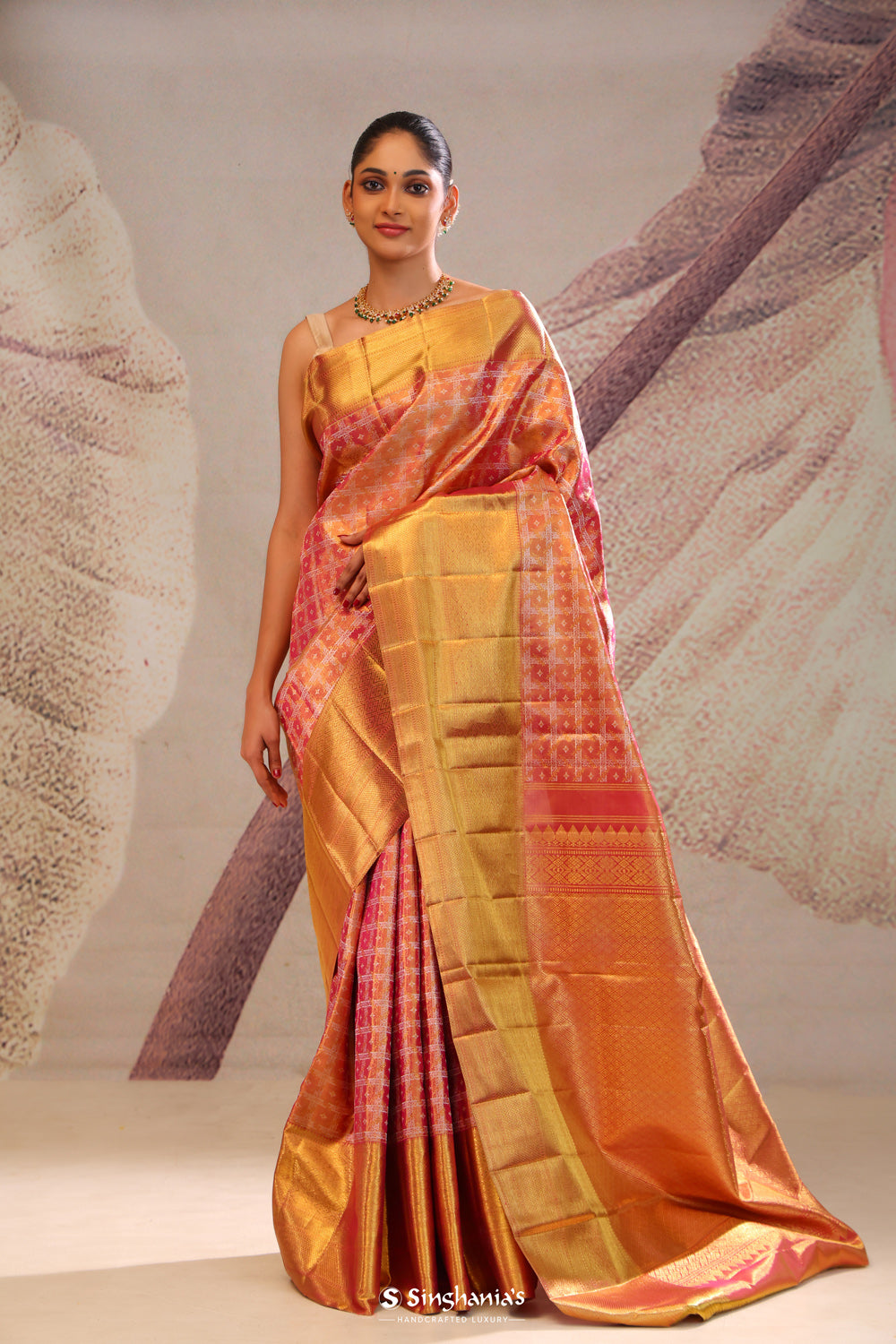 Peachy Pink Jaali Kanjivaram Silk Saree