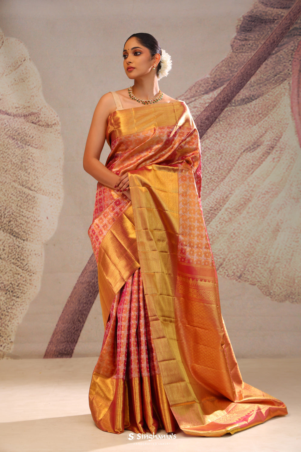 Peachy Pink Jaali Kanjivaram Silk Saree