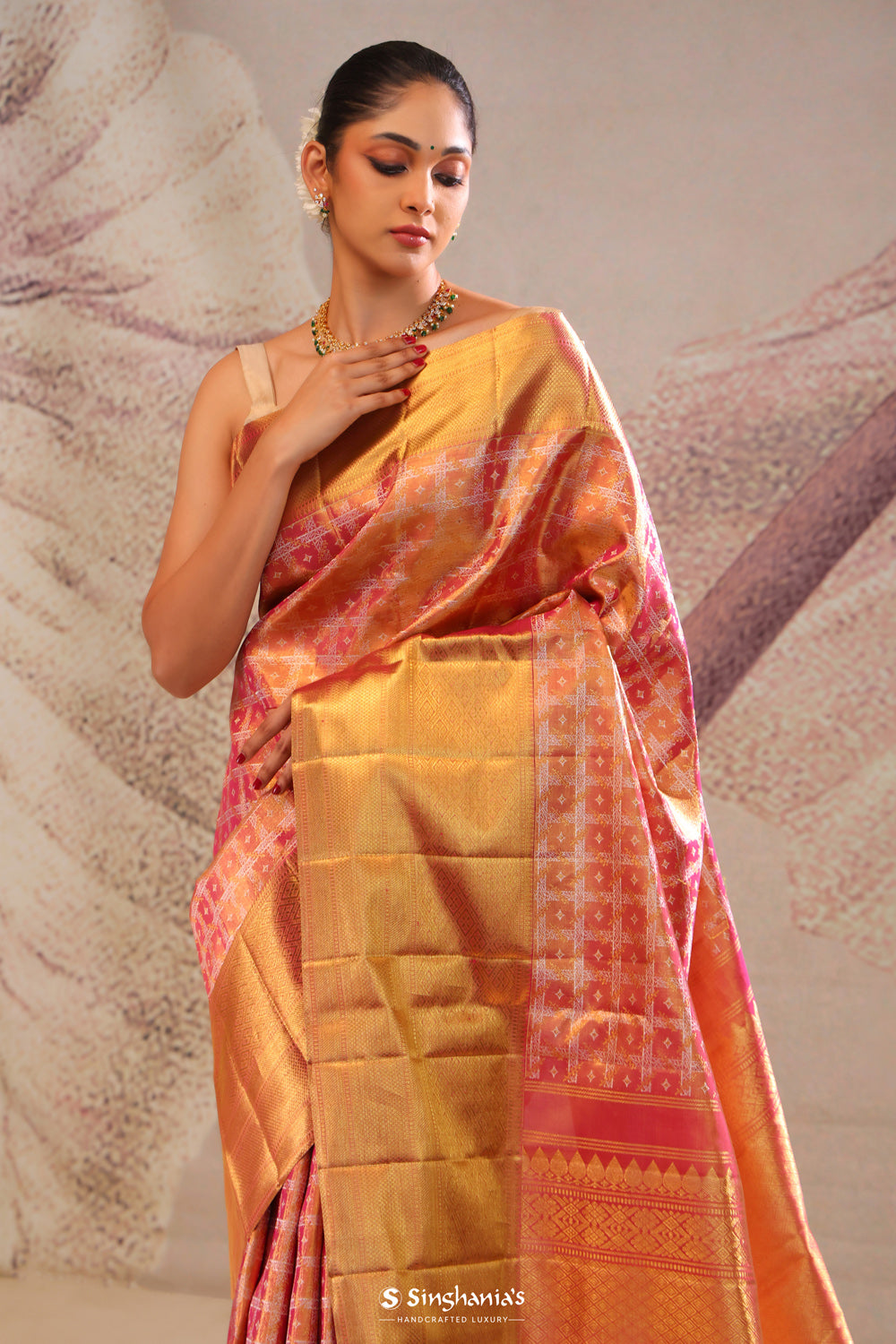 Peachy Pink Jaali Kanjivaram Silk Saree