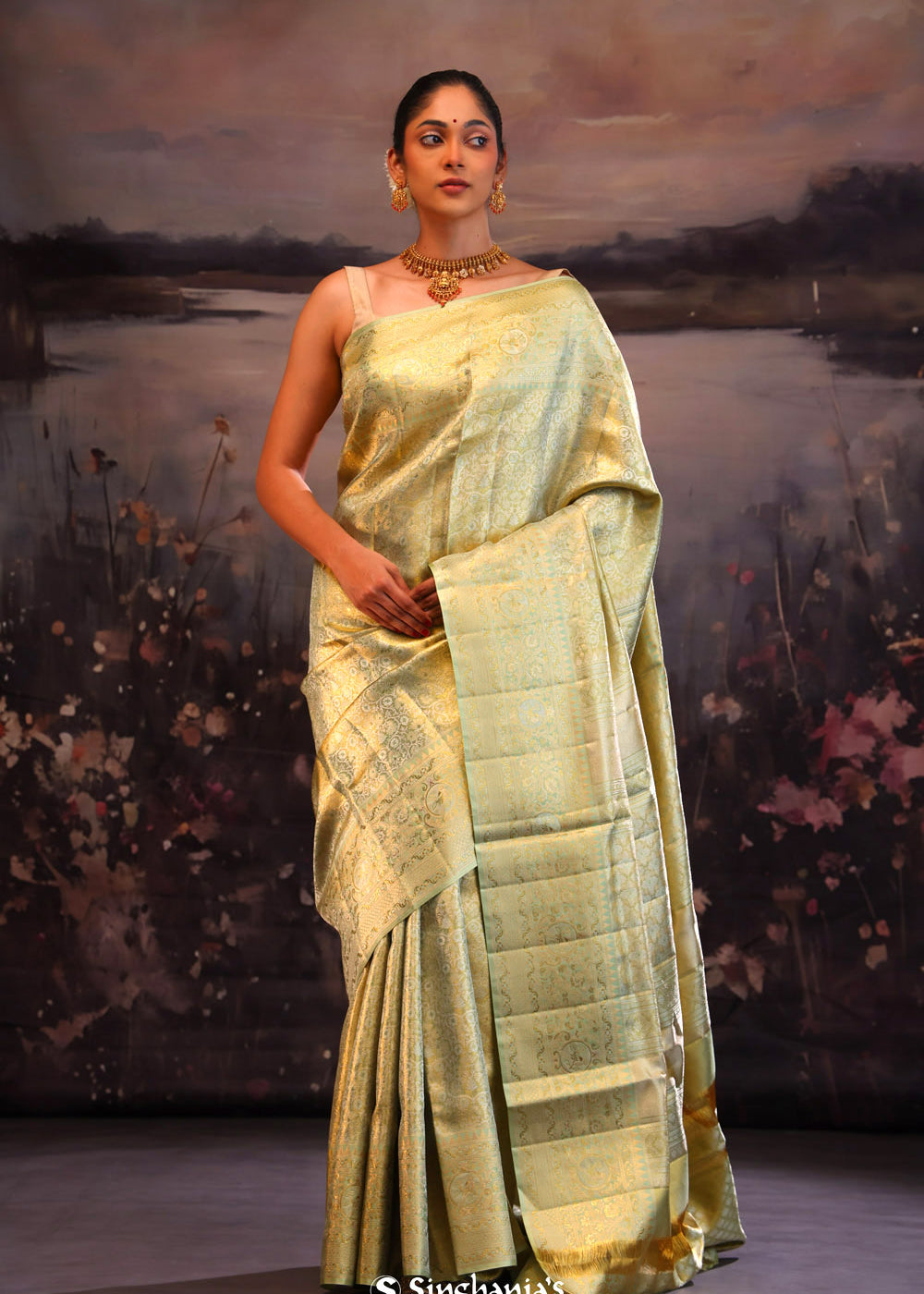 Diaquiri Green Floral Kanjivaram Silk Saree