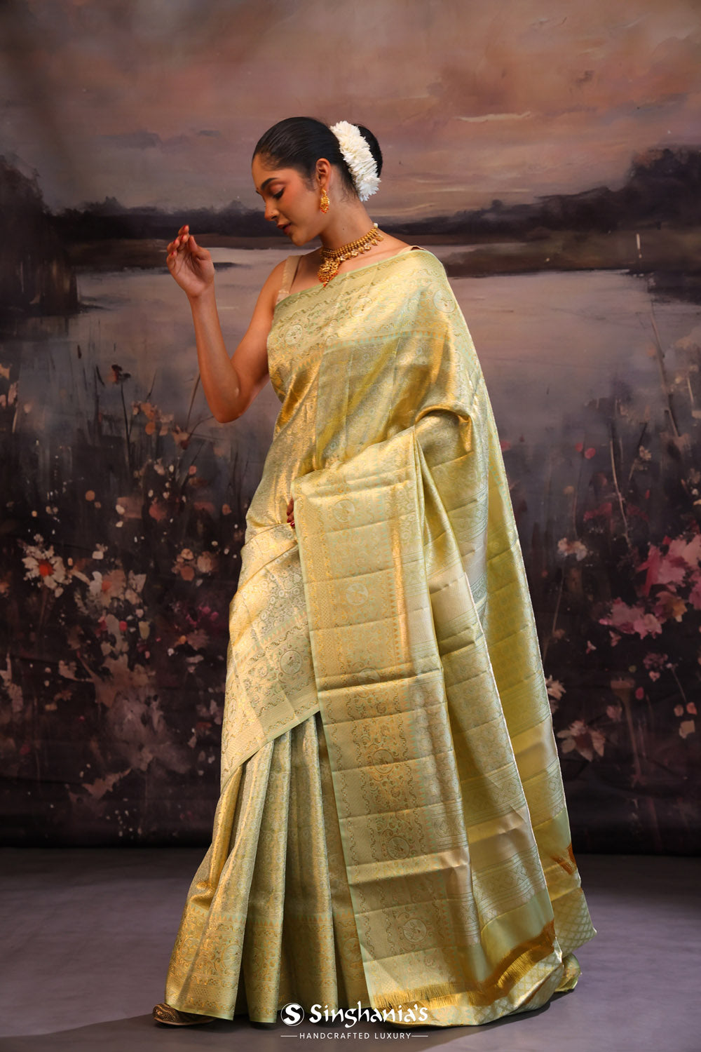 Diaquiri Green Floral Kanjivaram Silk Saree