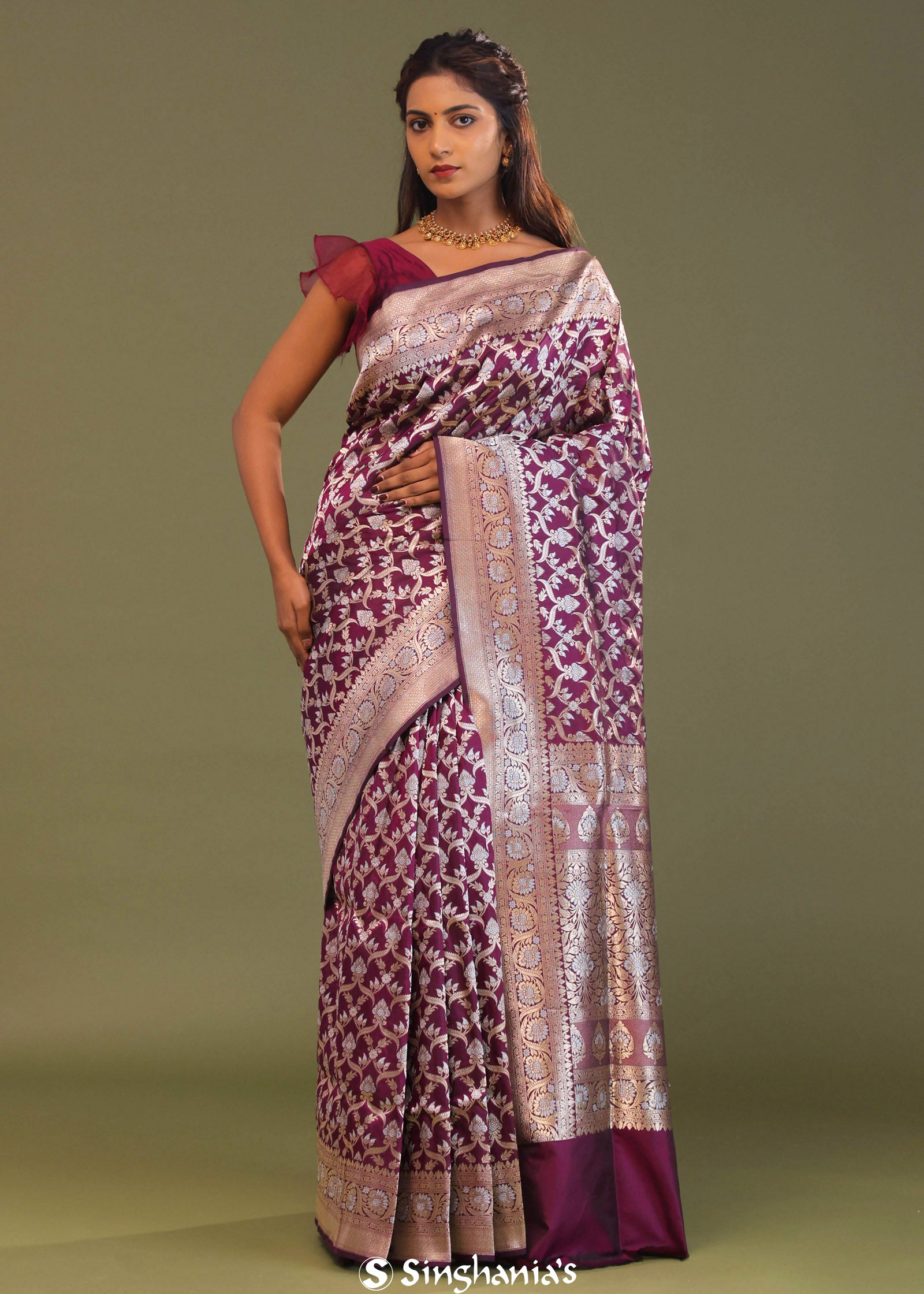 Blackberry Banarasi Saree With Leaf Jaal