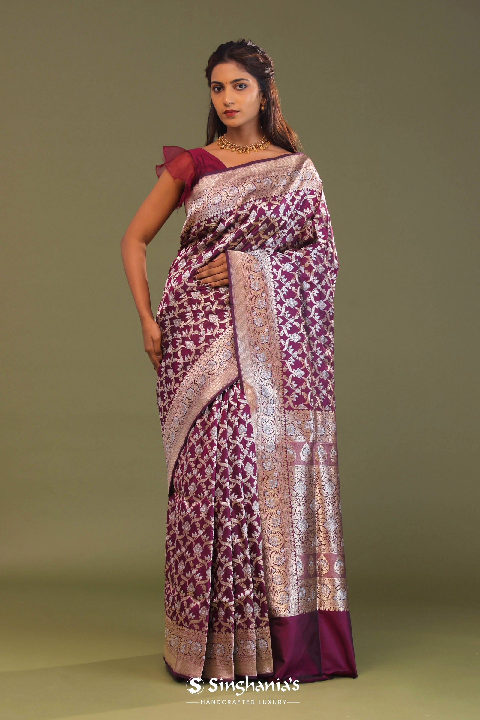 Blackberry Banarasi Saree With Leaf Jaal