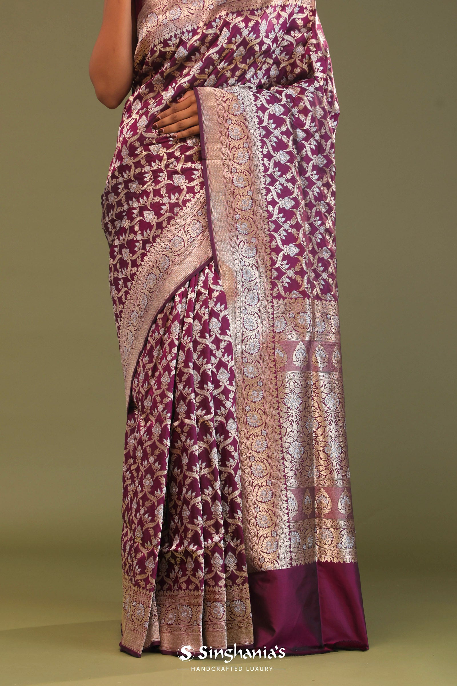 Blackberry Banarasi Saree With Leaf Jaal