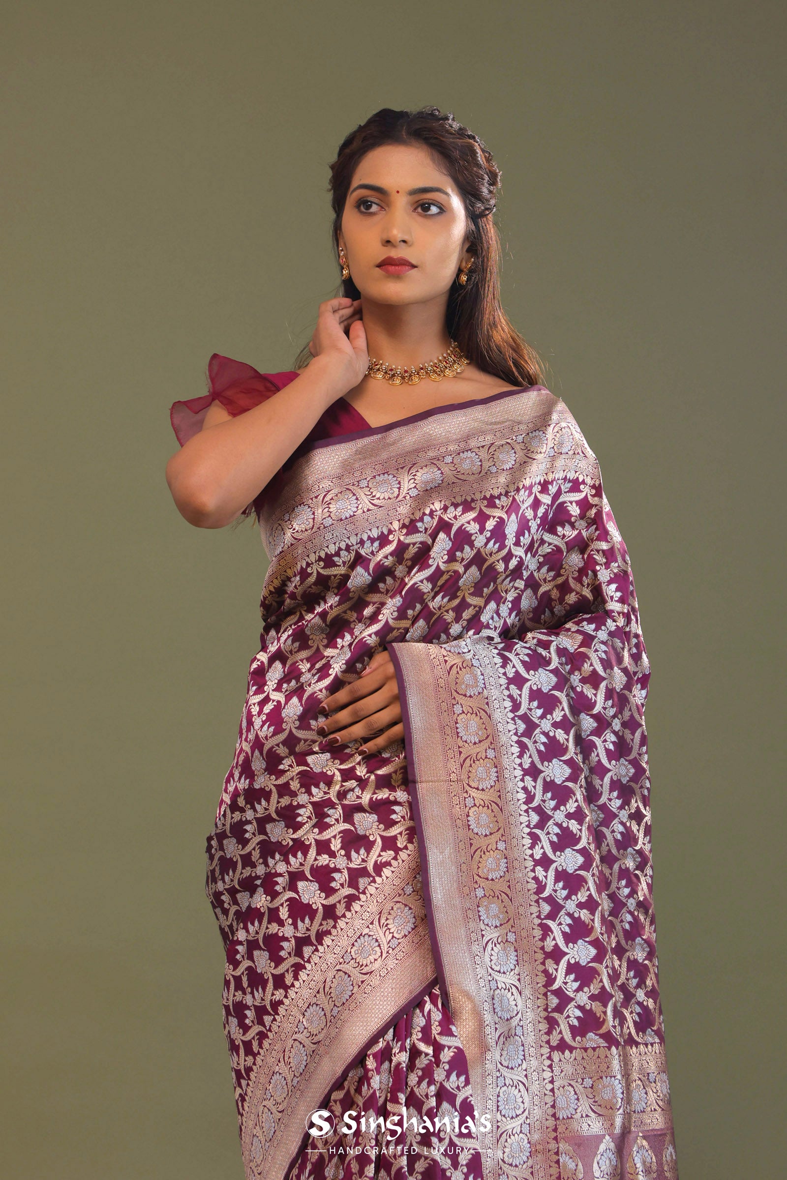 Blackberry Banarasi Saree With Leaf Jaal