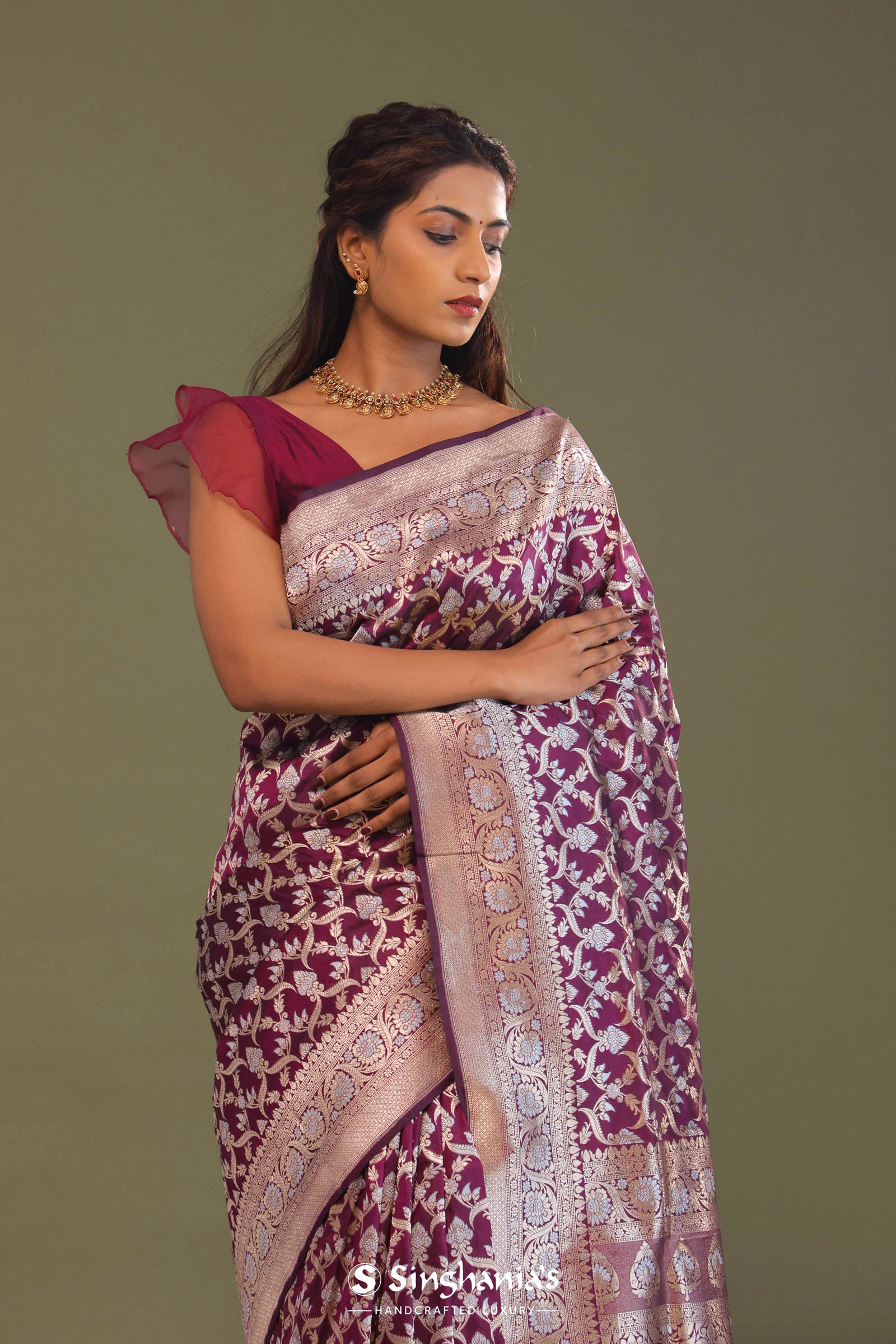 Blackberry Banarasi Saree With Leaf Jaal