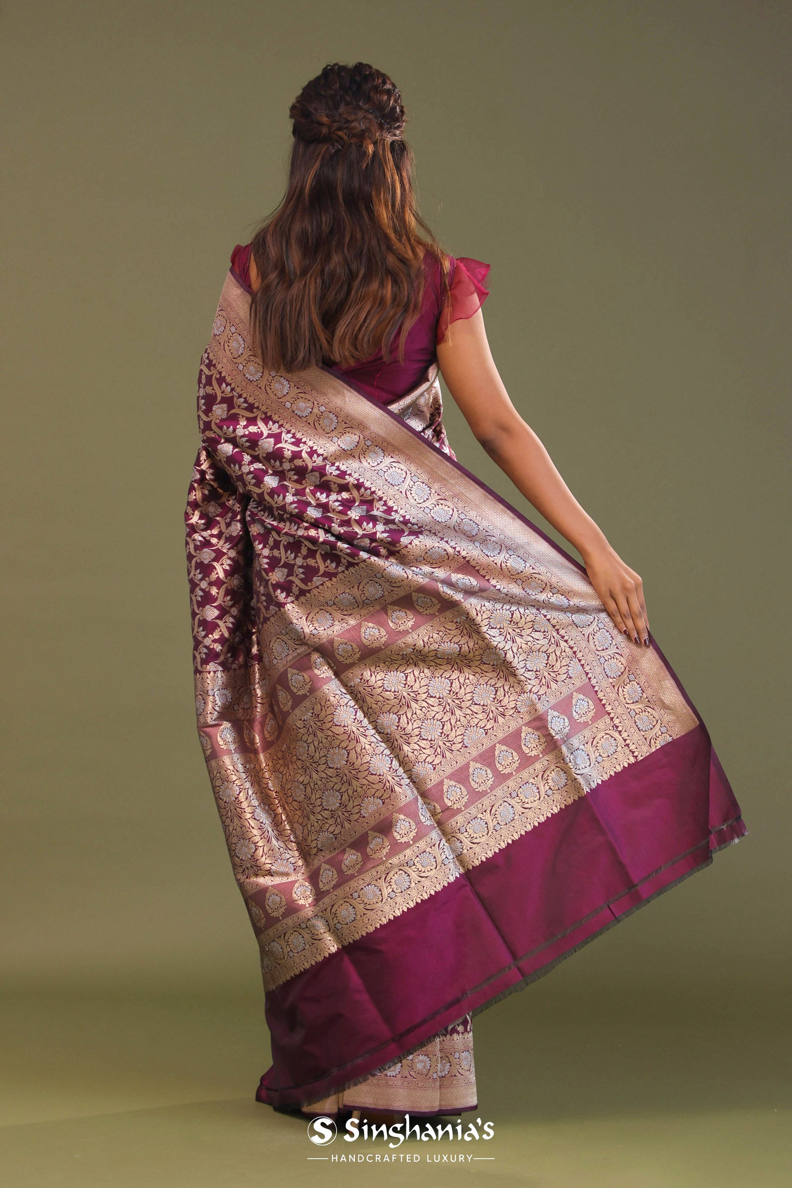 Blackberry Banarasi Saree With Leaf Jaal